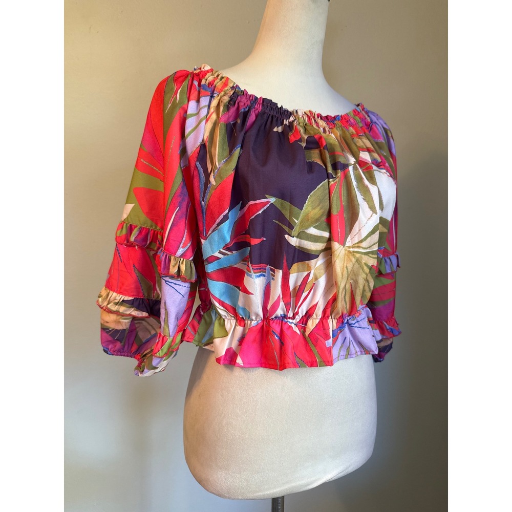 Rachel Zoe Tropical Floral Off Shoulder Ruffle Crop Top Multicolor tropical  S y